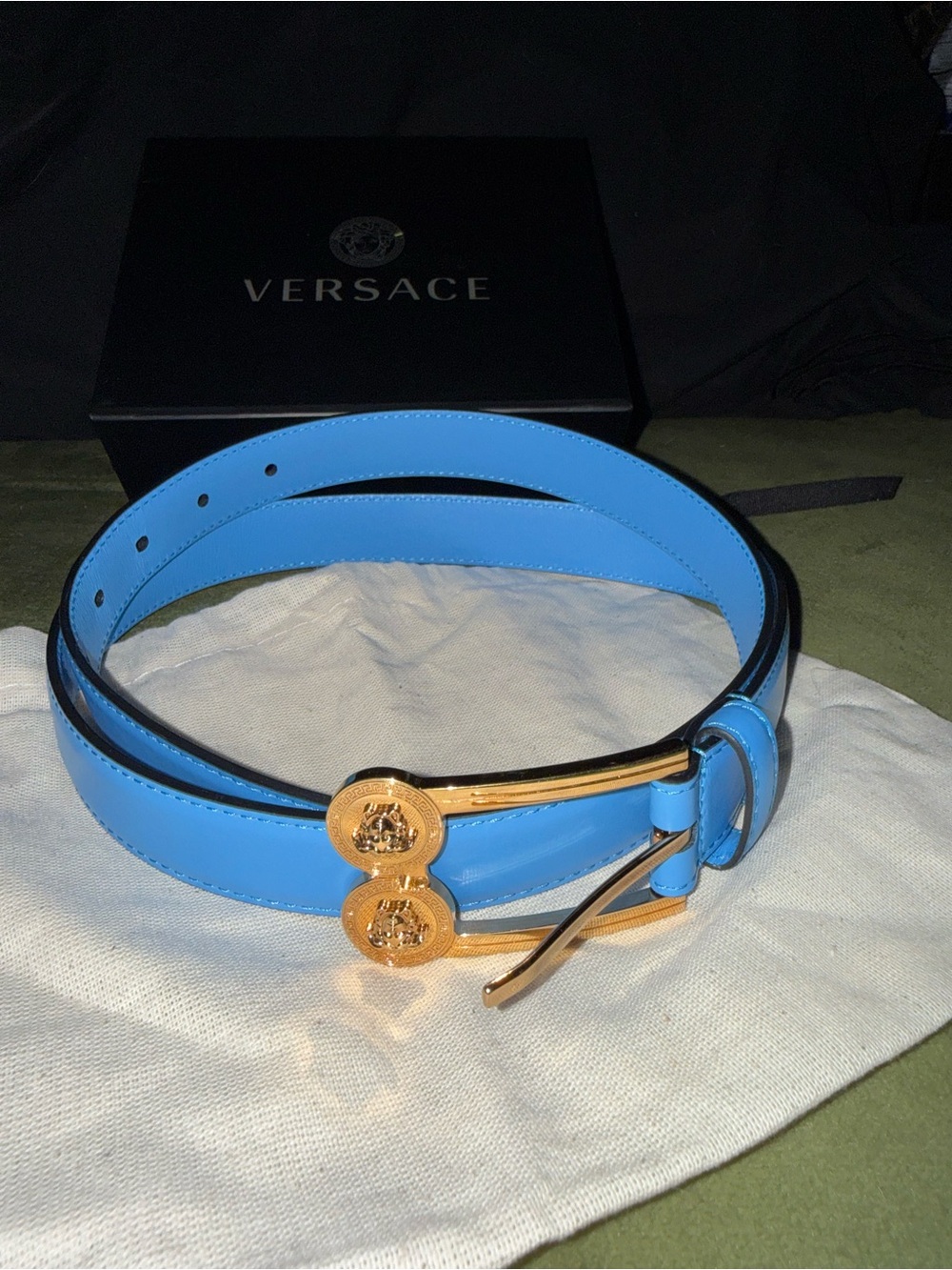 Versace Sky Blue Leather Belt with Gold Medusa Double-Button Buckle